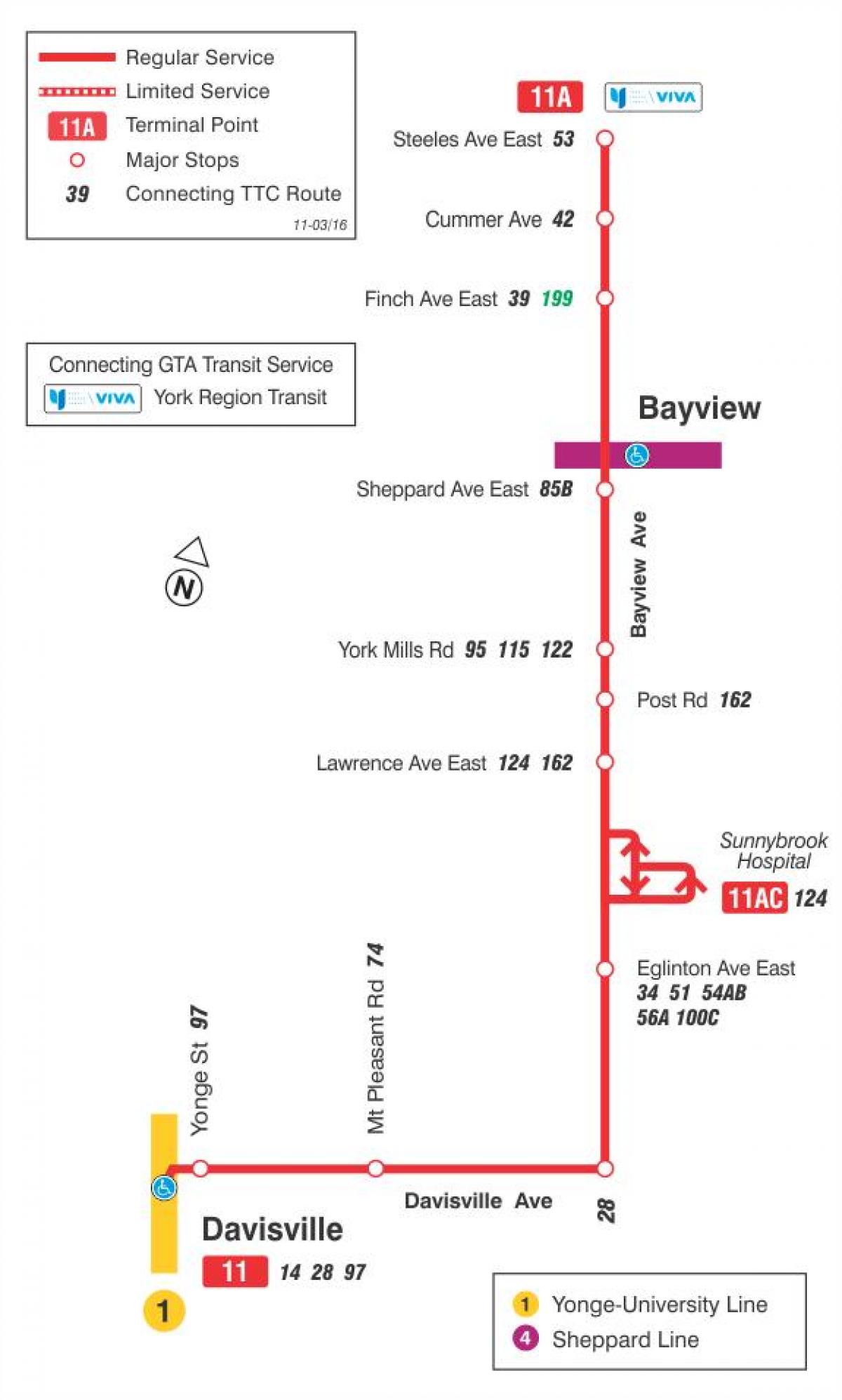 Карта ТТР 11 Бэйвью аутобуске трасе Торонту