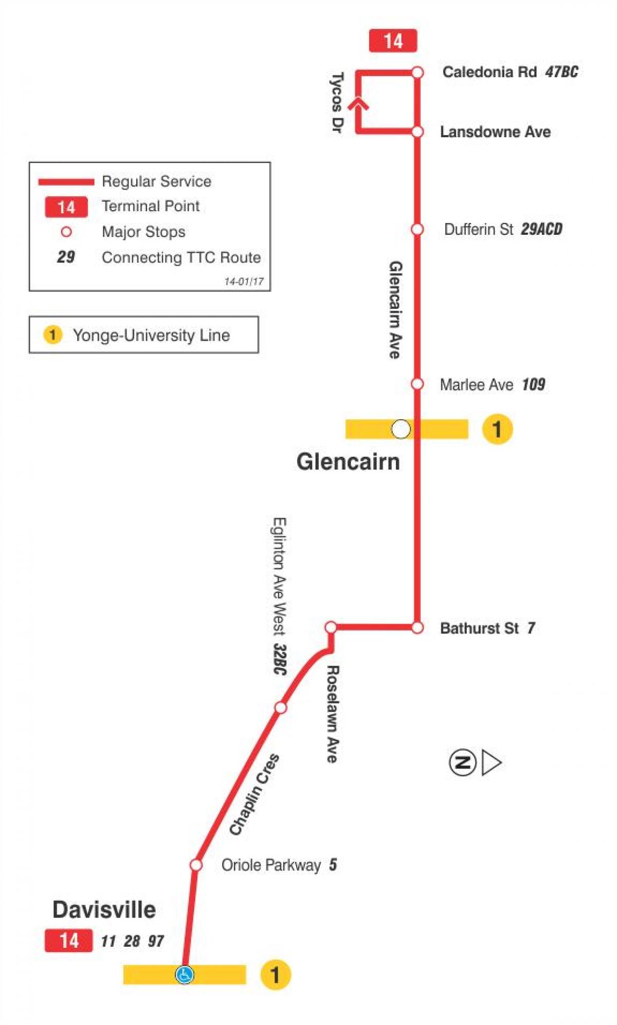 Карта ТТР 14 Гленкейн аутобуске трасе Торонту
