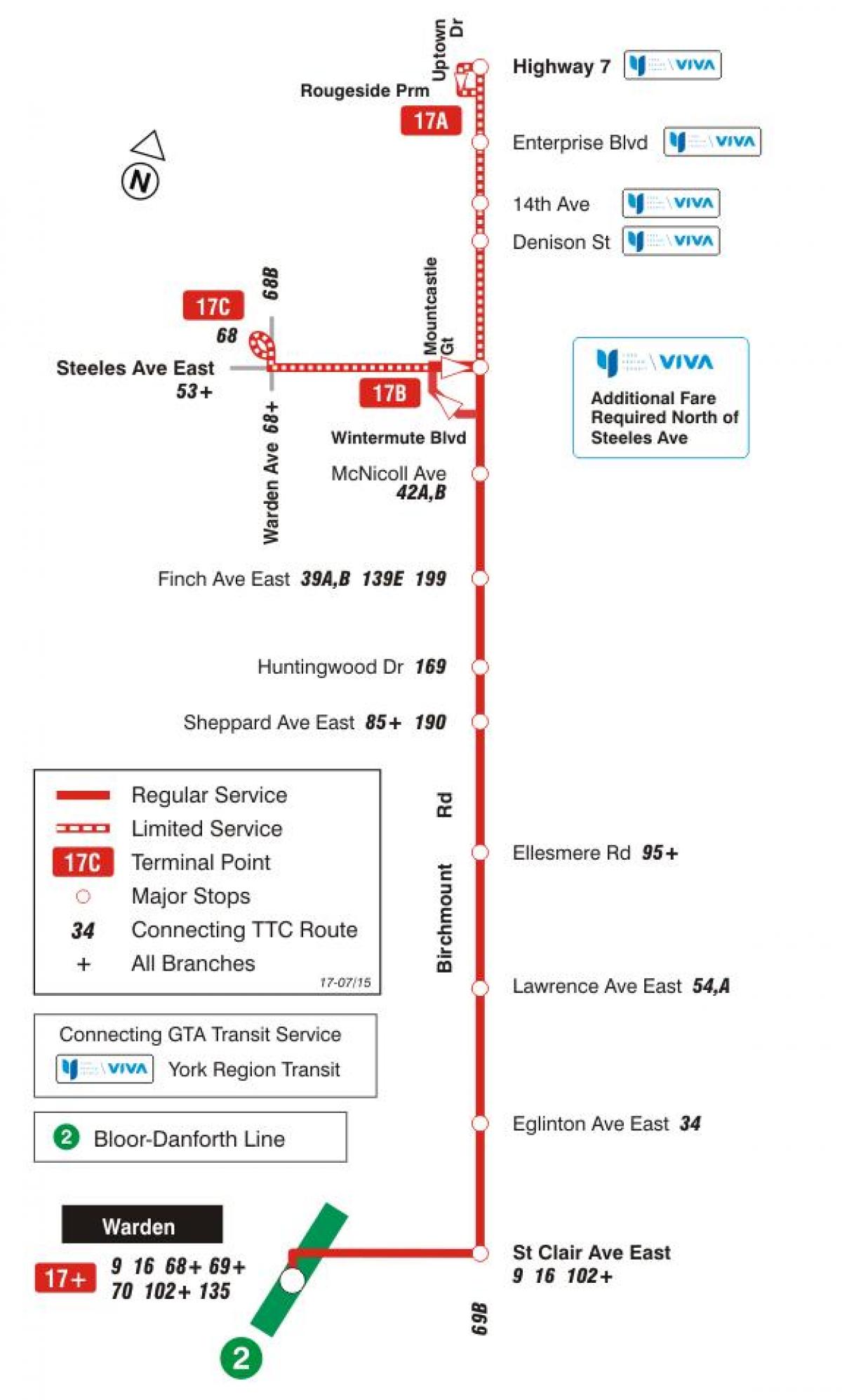Карта ТТС 17 Birchmount аутобуске трасе Торонту