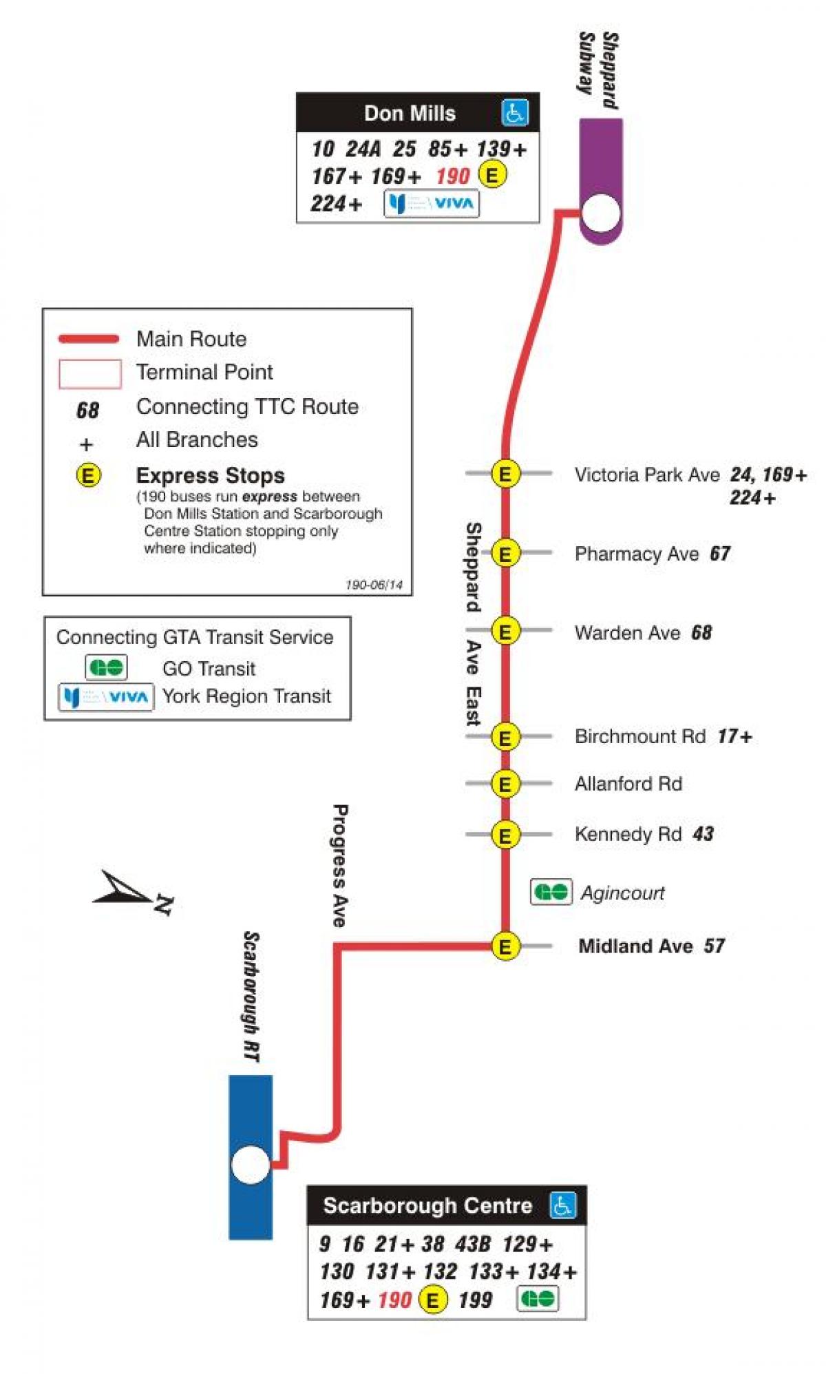 Карта ТТР 190 Скарборо Центар ракета аутобуске трасе Торонту