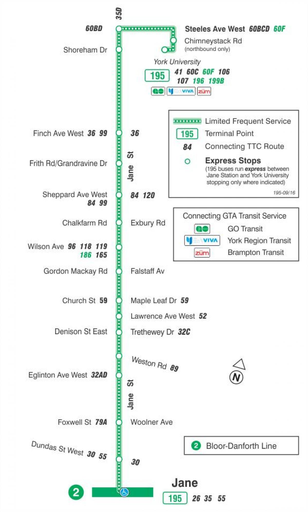 Карта ТТР 195 ракета Џејн аутобуске трасе Торонту
