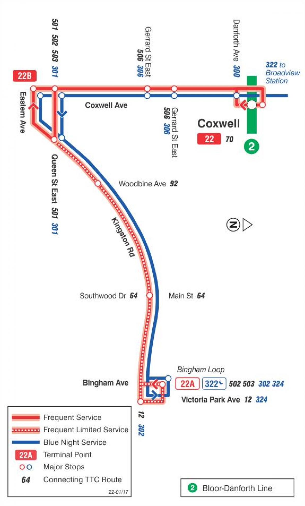 Карта ТТС 22 Коксуэлл аутобуске трасе Торонту