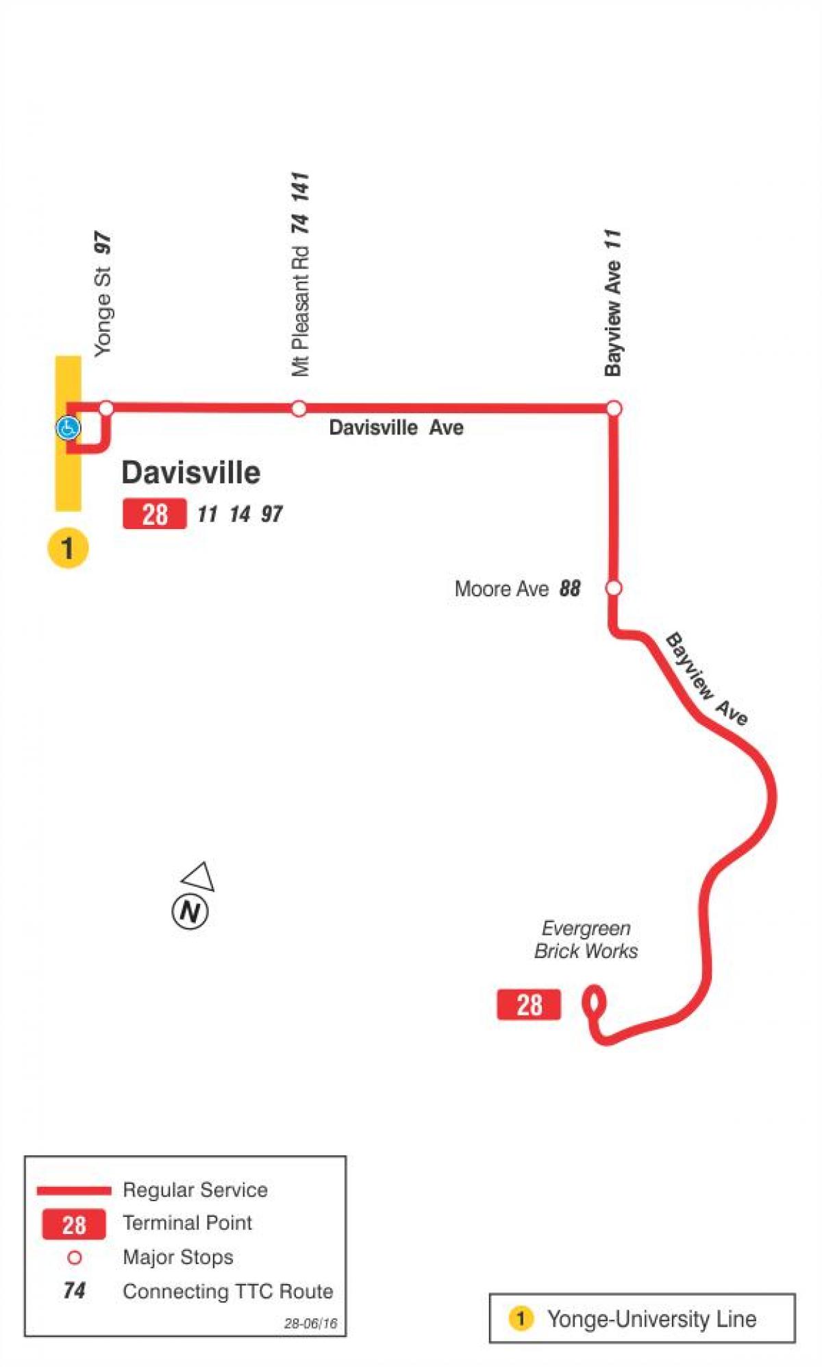 Карта ТТС 28 Бэйвью Јужне аутобуске трасе Торонту
