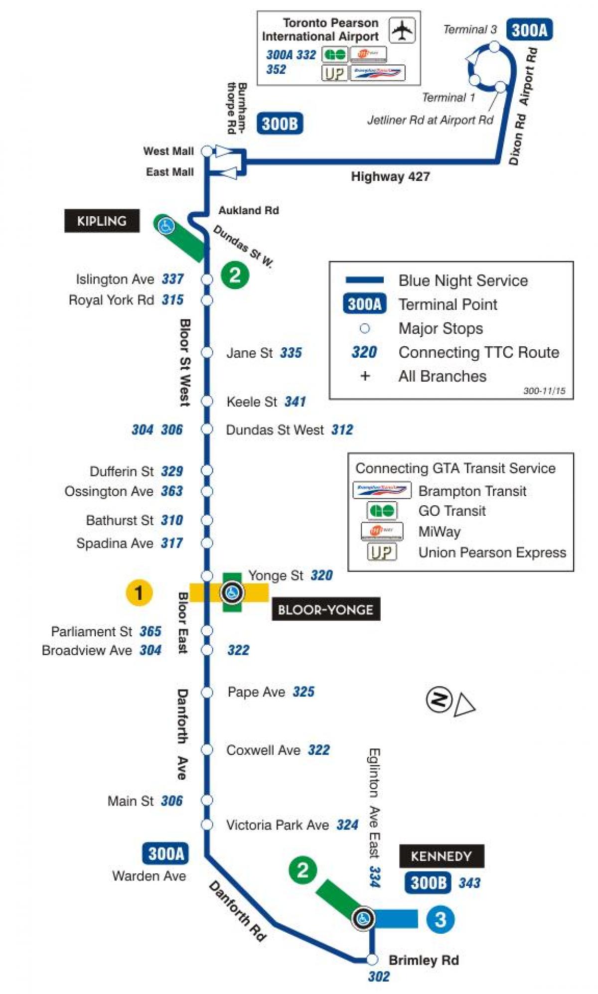 Карта ТТР 300А Блур-Данфорт аутобуске трасе Торонту