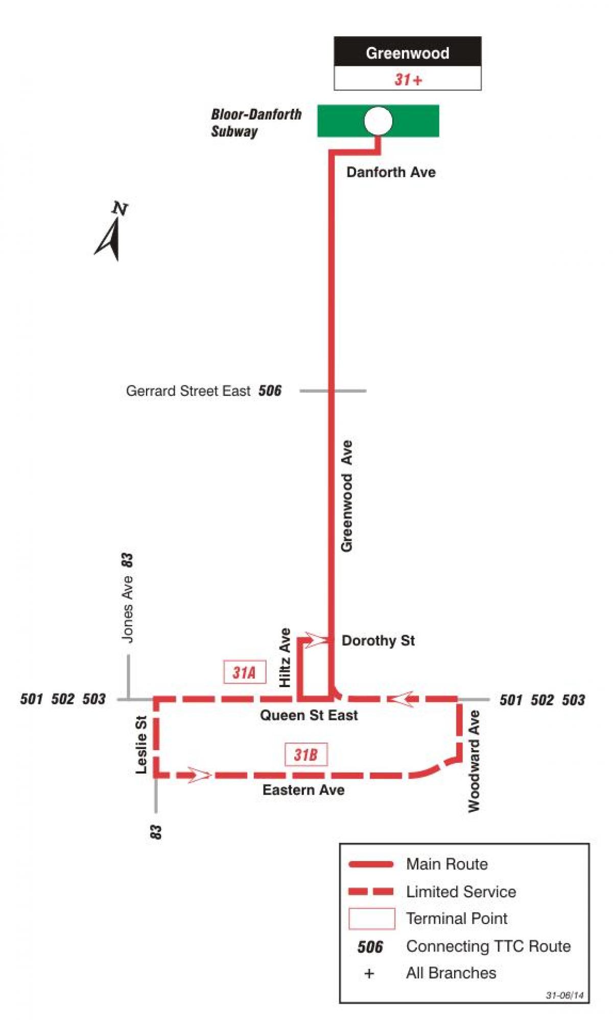 Карта ТТР 31 Греенвоод аутобуске трасе Торонту