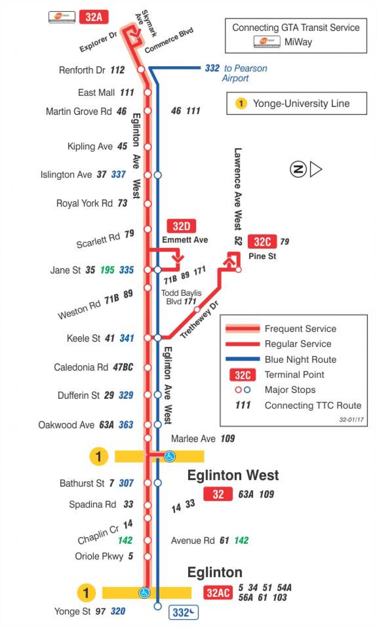 Карта ТТР 32 Эглинтон Вест аутобуске трасе Торонту