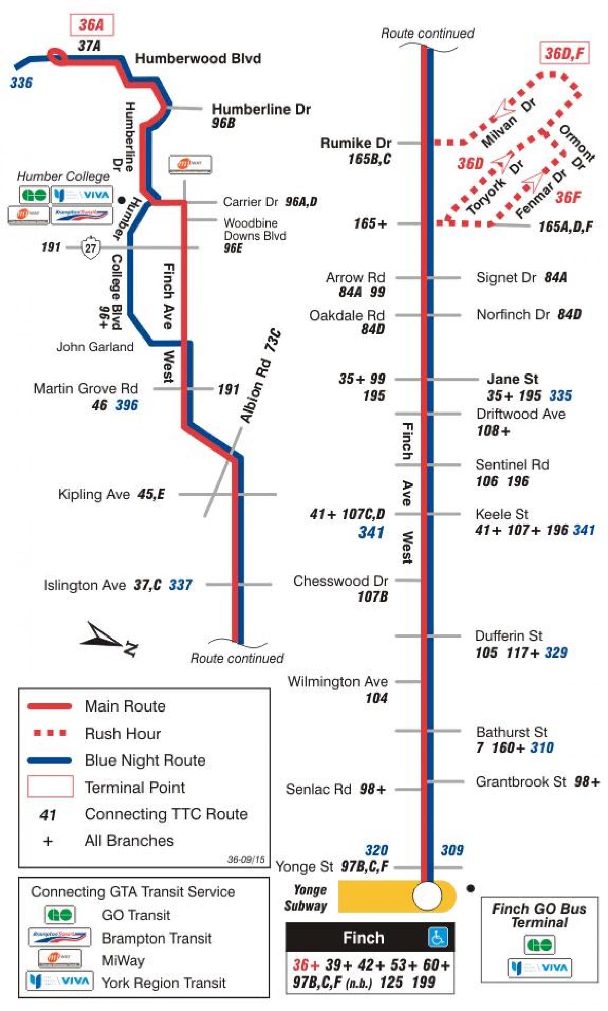 Карта ТТС 36 Финч Западног аутобуске трасе Торонту