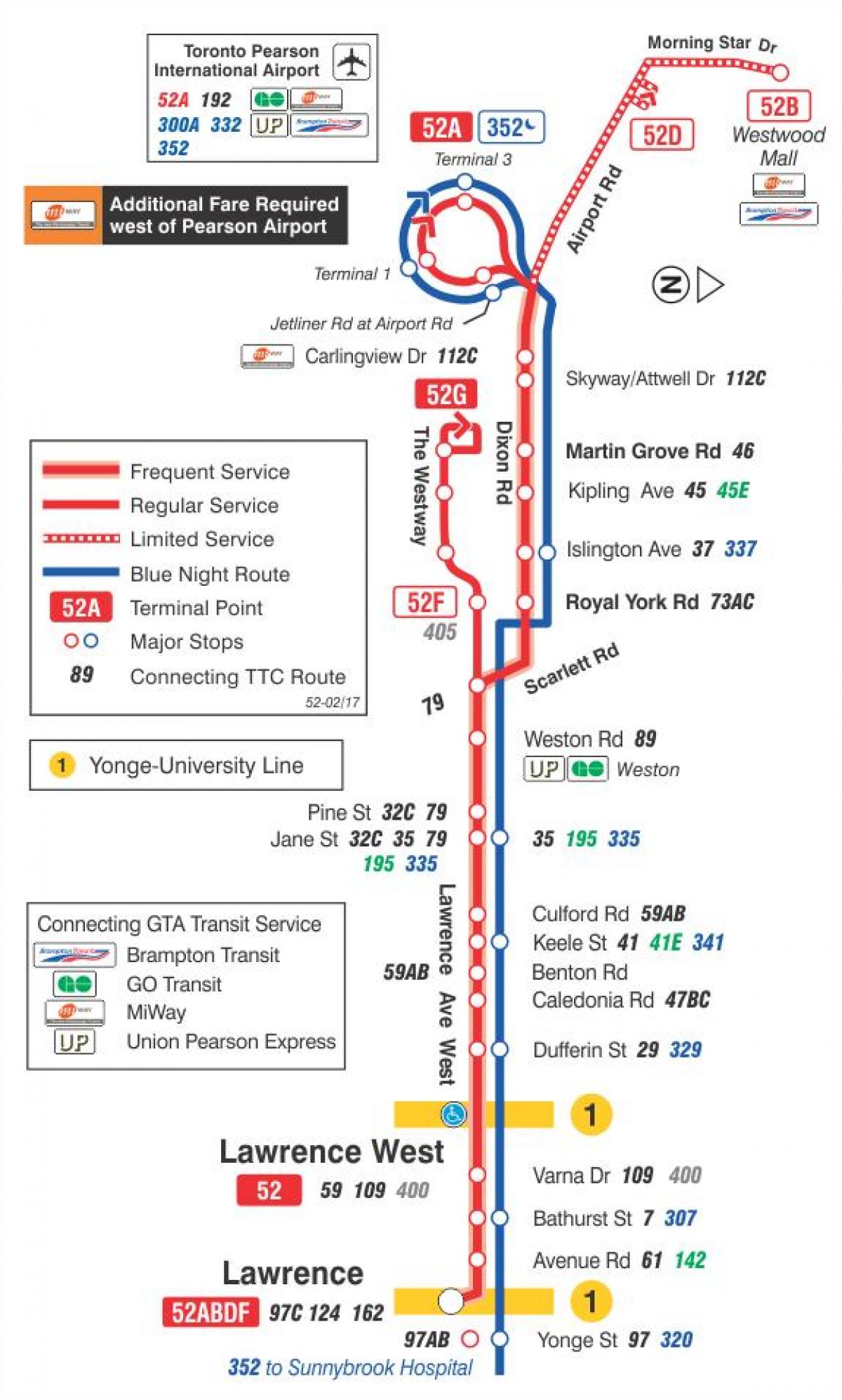 Карта ТТС 52 Лоренц Вест аутобуске трасе Торонту