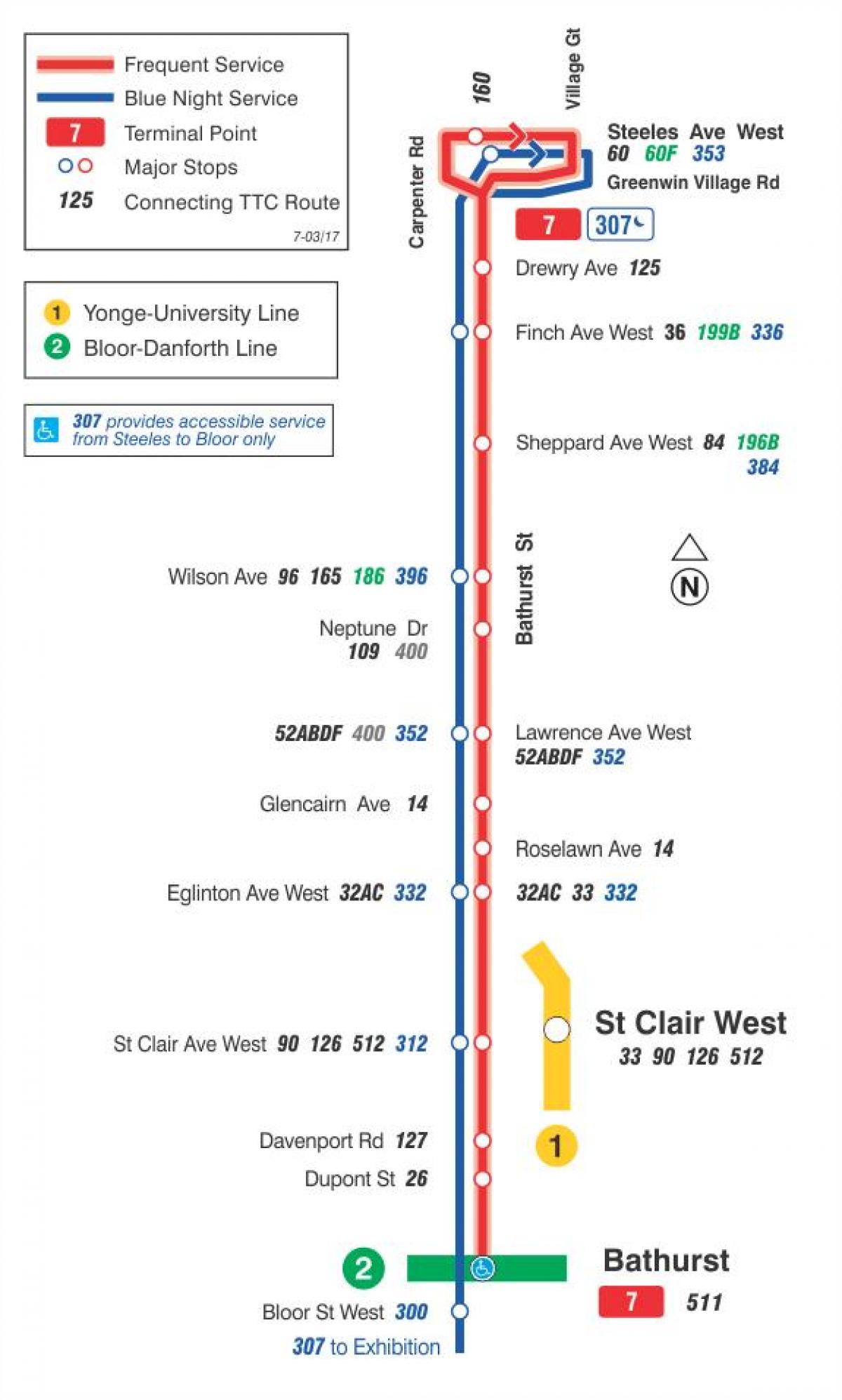 Карта ТТР 7 Батерст аутобуске трасе Торонту