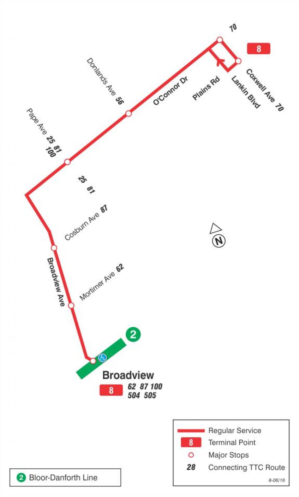 Карта ТТР 8 Бродвью аутобуске трасе Торонту