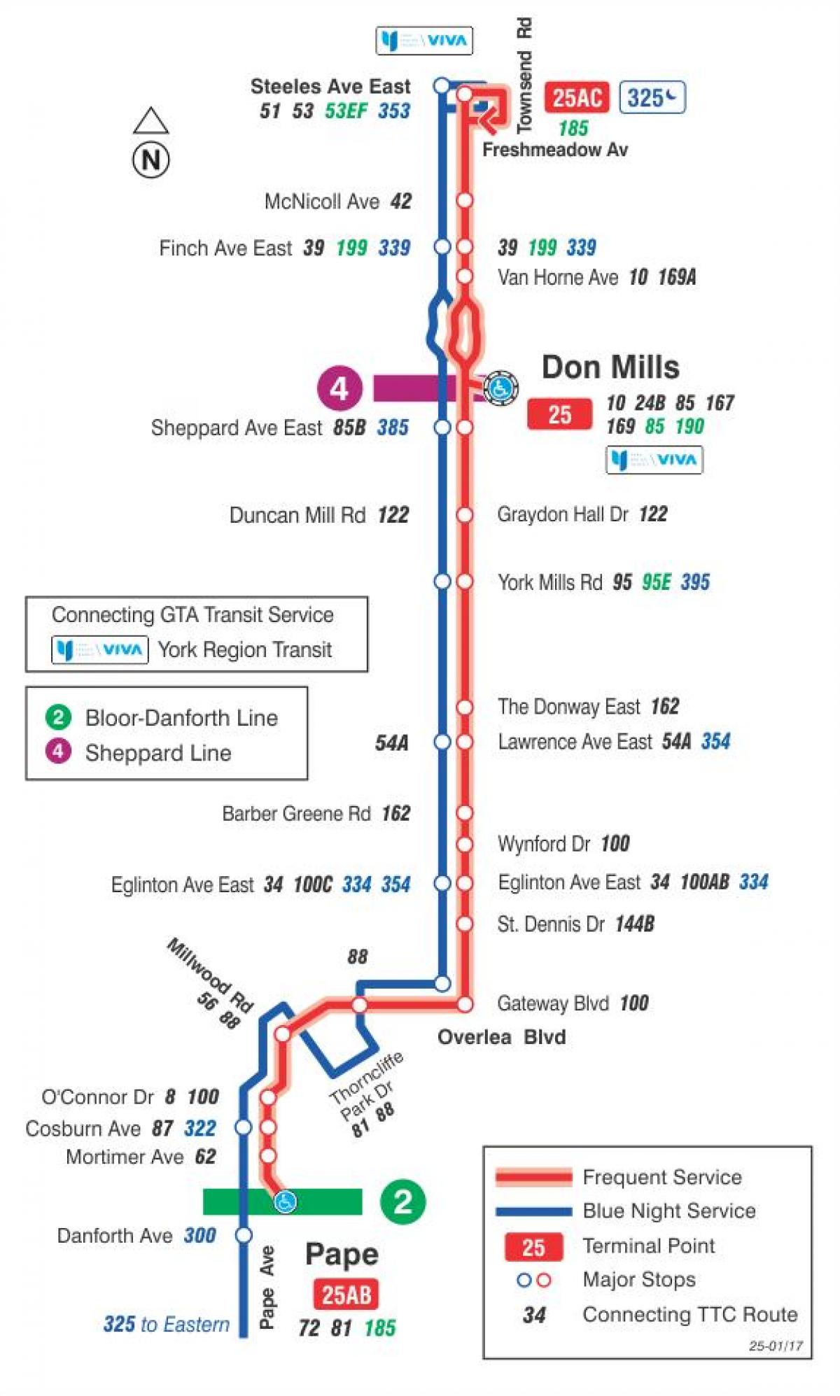 Карта ТТС 25 Дон Миллс аутобуске трасе Торонту