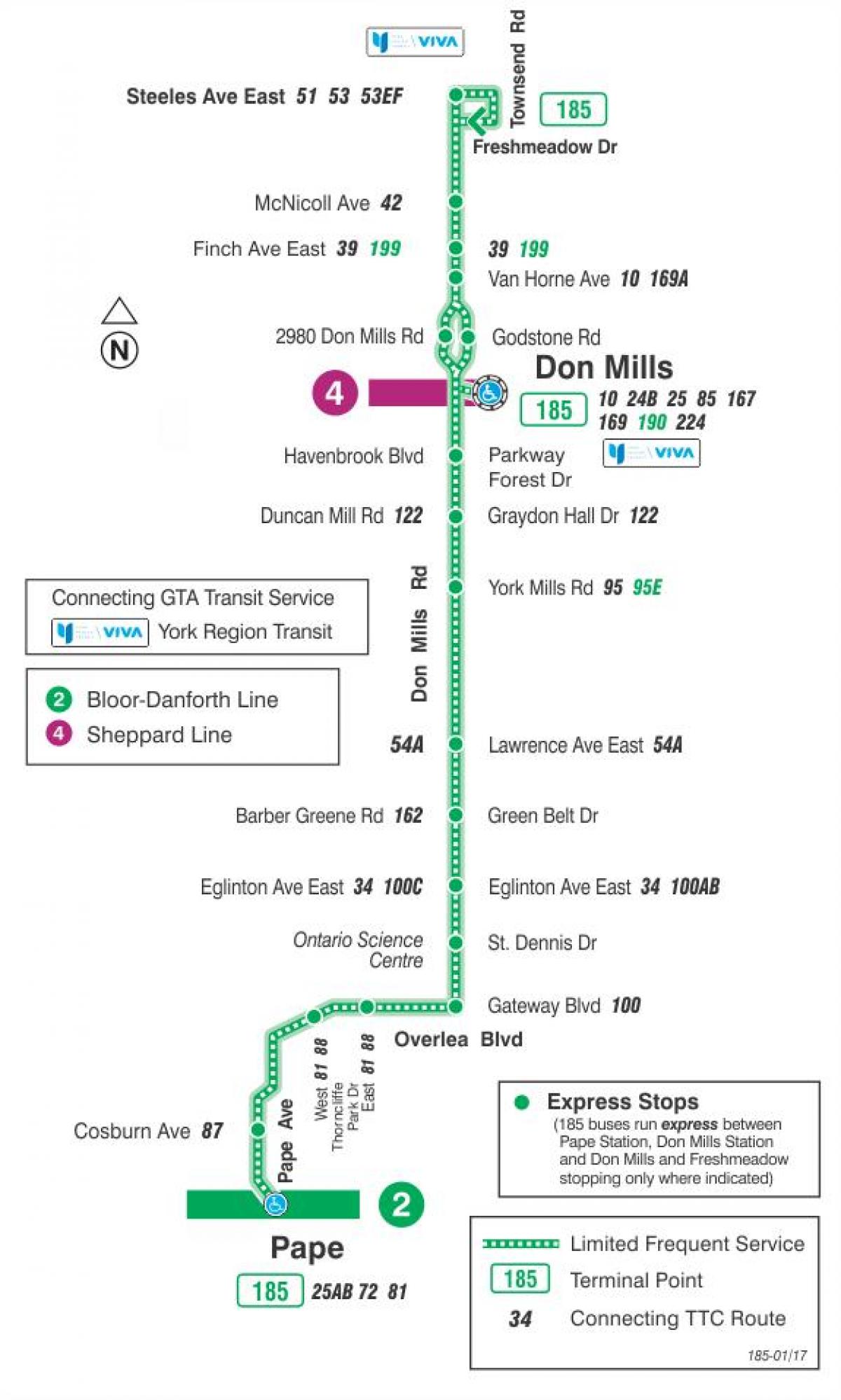 Карта ТТР 185 Дон Миллс ракете аутобуске трасе Торонту