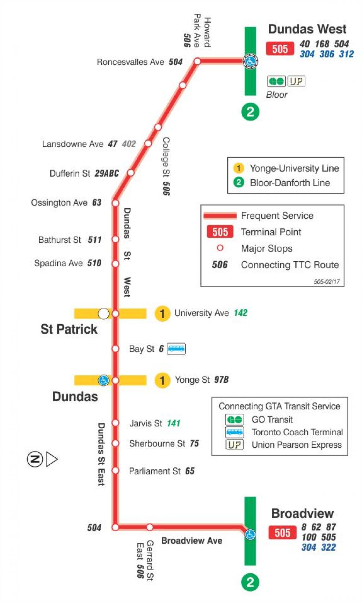 Карта трамвайную линију 505 Дундас