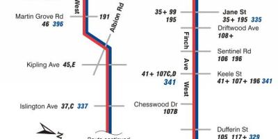 Карта ТТС 36 Финч Западног аутобуске трасе Торонту