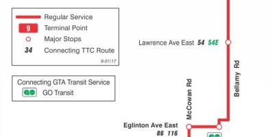 Карта ТТР 9 Беллами аутобуске трасе Торонту